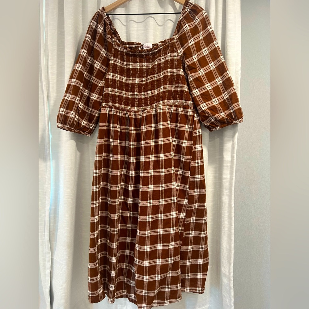 Plaid puff sleeve peasant dress